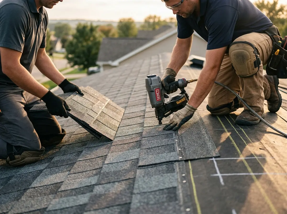 Professional roofer working on a residential roof in Bensville